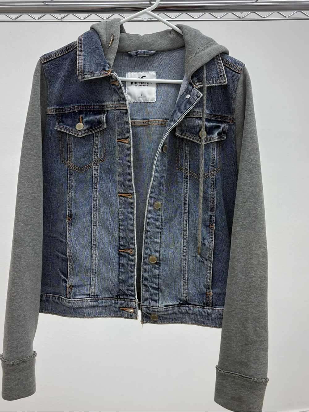 Hollister Blue Denim Jacket with Gray Hoodie Sleeves